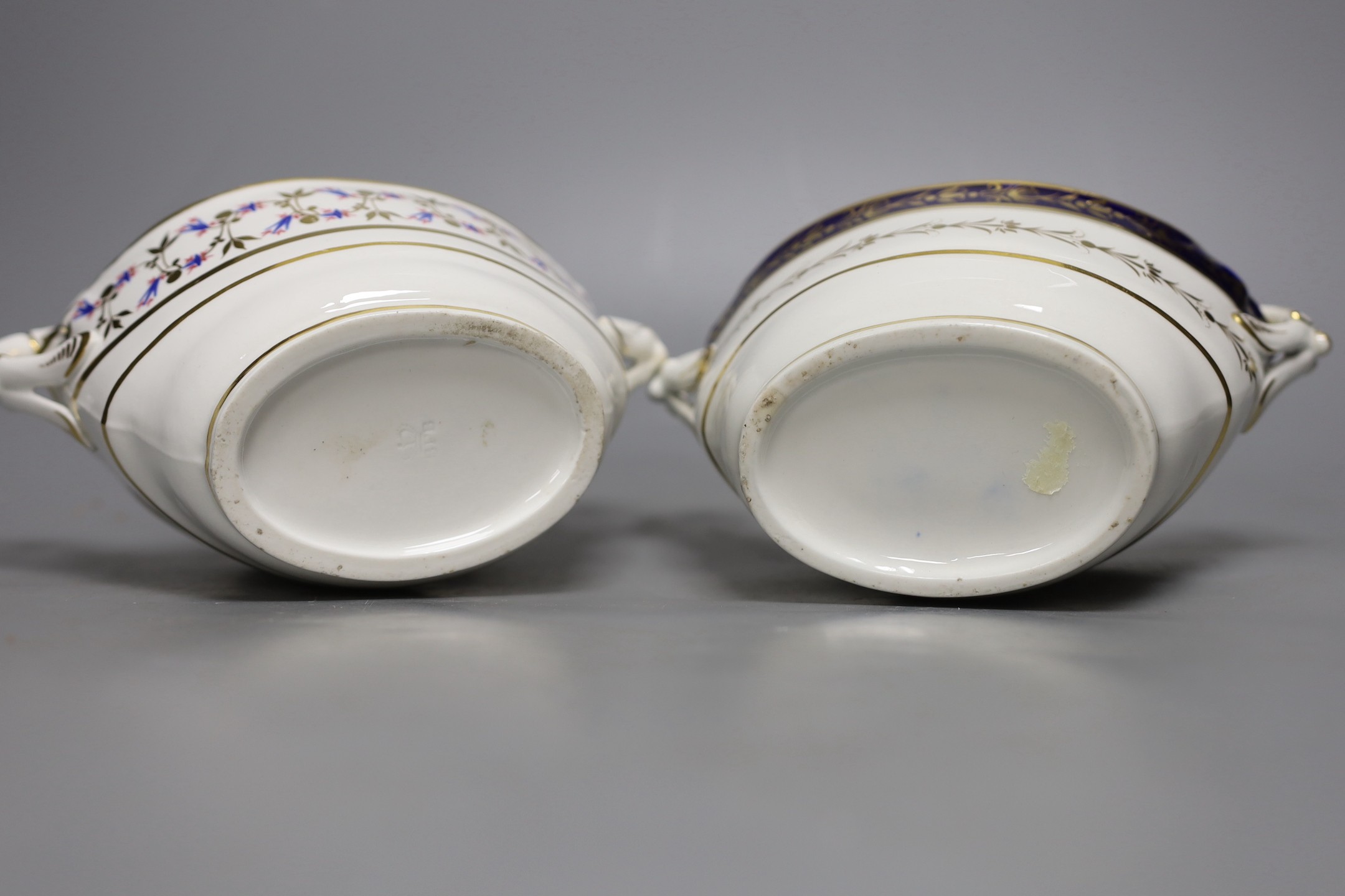 A Barr Flight Barr boat shaped two handled sucrier painted with stylised cornflowers and a similar sucrier with blue and gilt decoration c. 1810, 19 cms wide